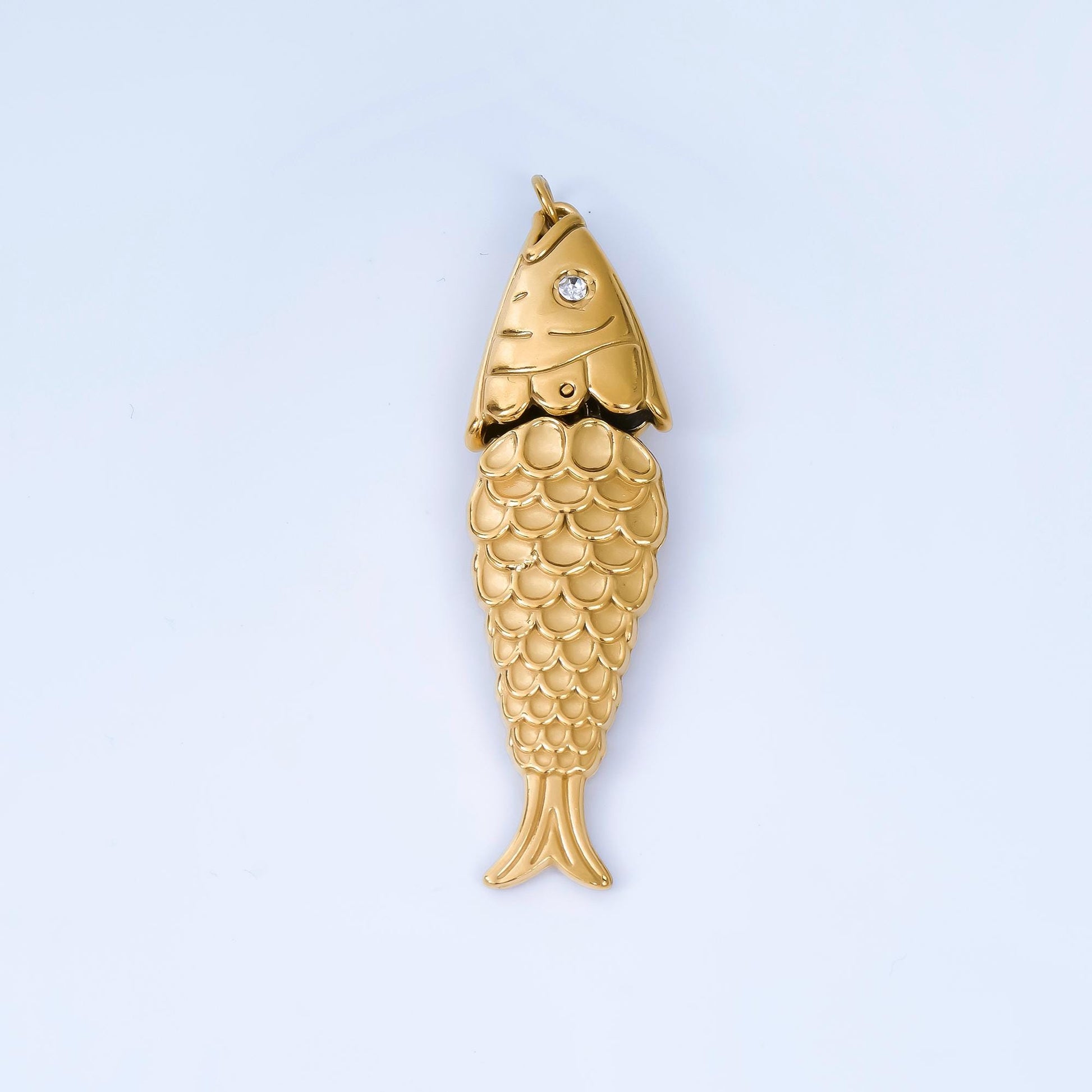 Long Stainless steel 50mm fish scale-textured minimalist charm in gold sardine fish pendant | J-198