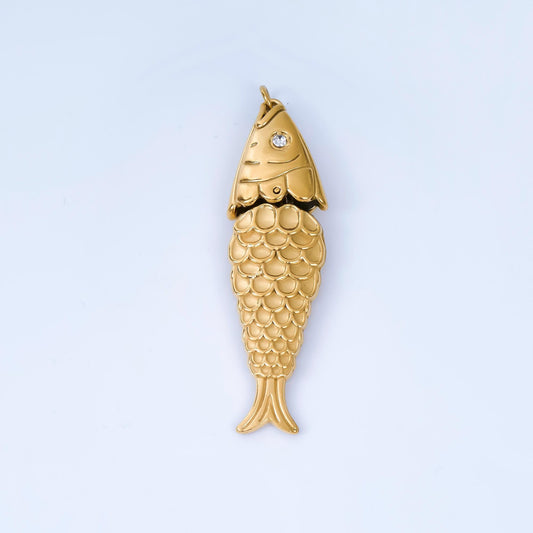Long Stainless steel 50mm fish scale-textured minimalist charm in gold sardine fish pendant | J-198