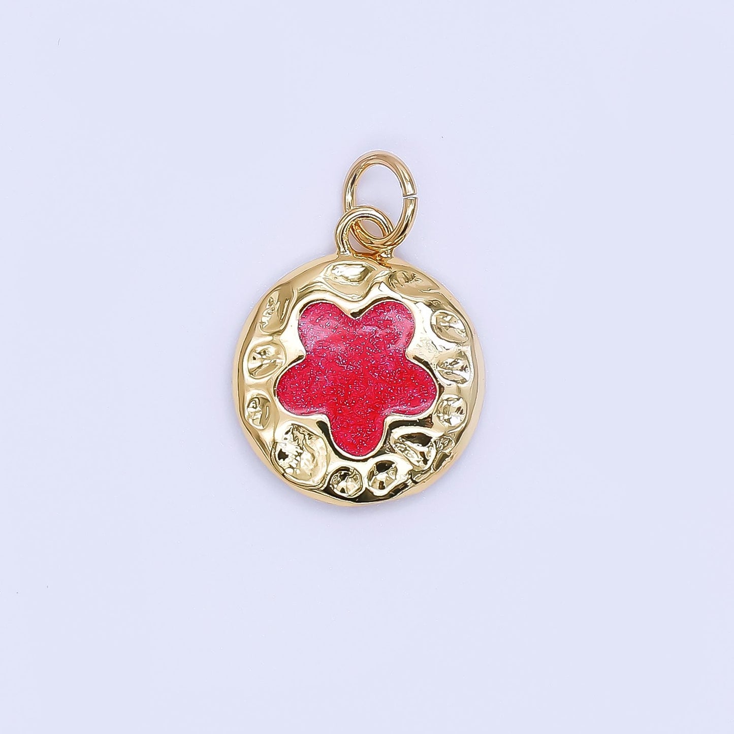 Gold Enamel Four Leaf Lucky Charm Flower Round Button Charm, 24K Gold Filled Coin Clover Florette Floral Pendant | af-533