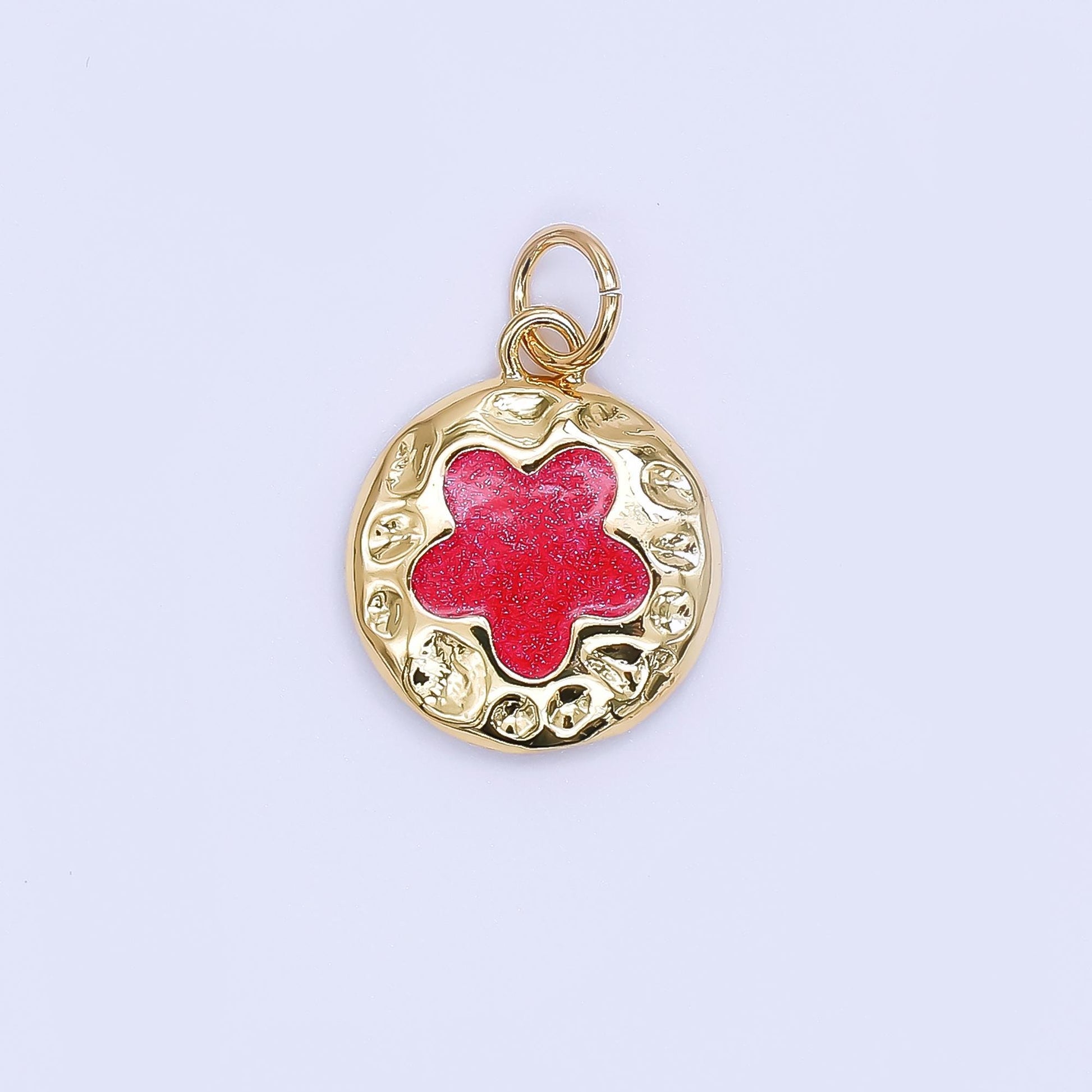 Gold Enamel Four Leaf Lucky Charm Flower Round Button Charm, 24K Gold Filled Coin Clover Florette Floral Pendant | af-533