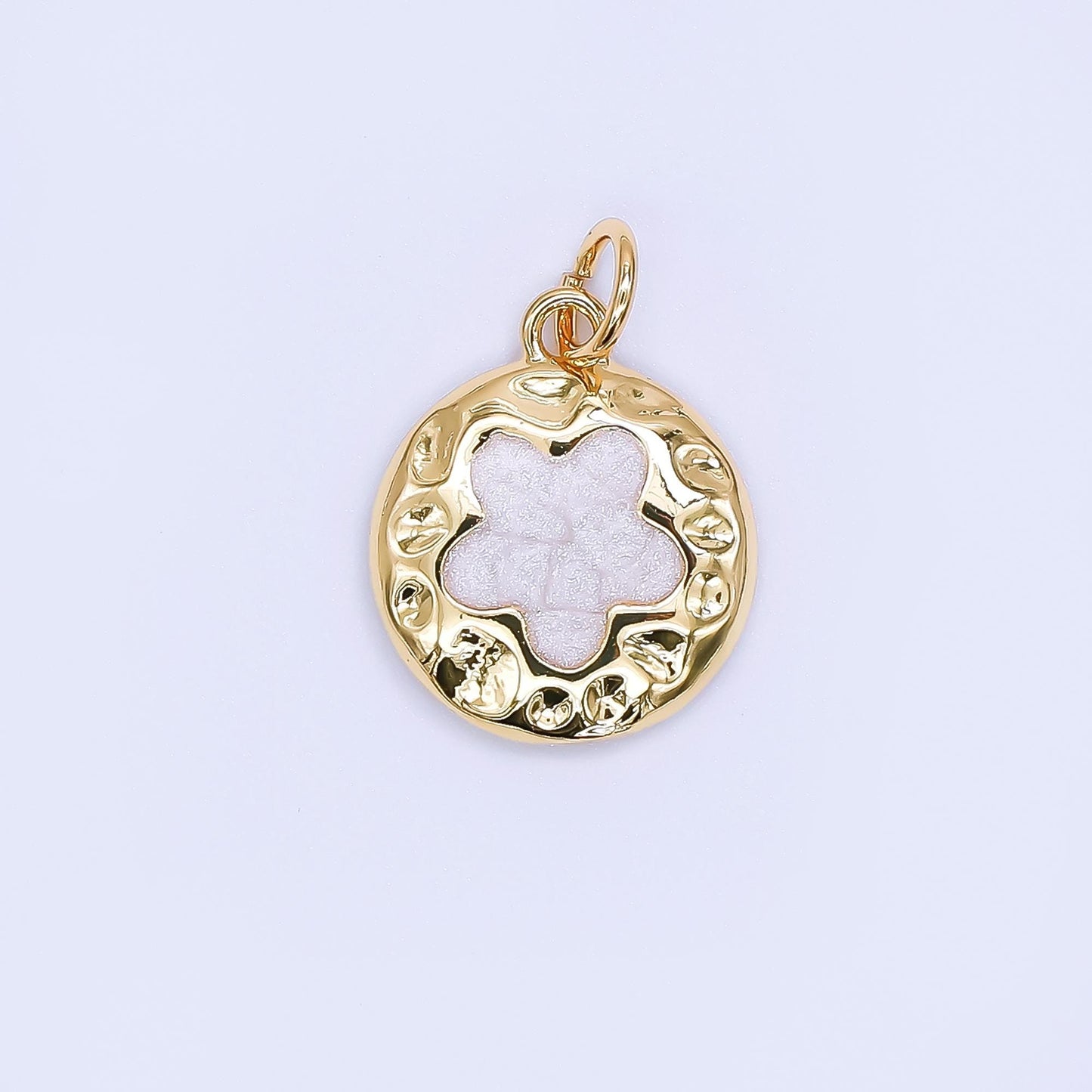Gold Enamel Four Leaf Lucky Charm Flower Round Button Charm, 24K Gold Filled Coin Clover Florette Floral Pendant | af-533