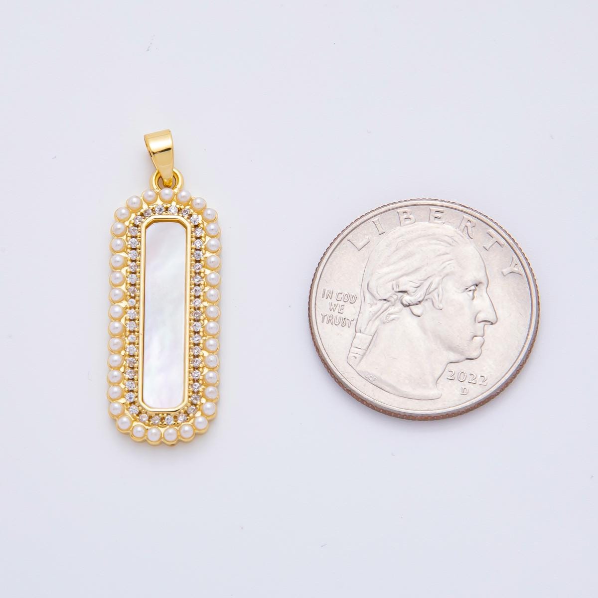 18k gold filled 35mm shell pearl Long Bar Pearl bezel charm | AF-1114
