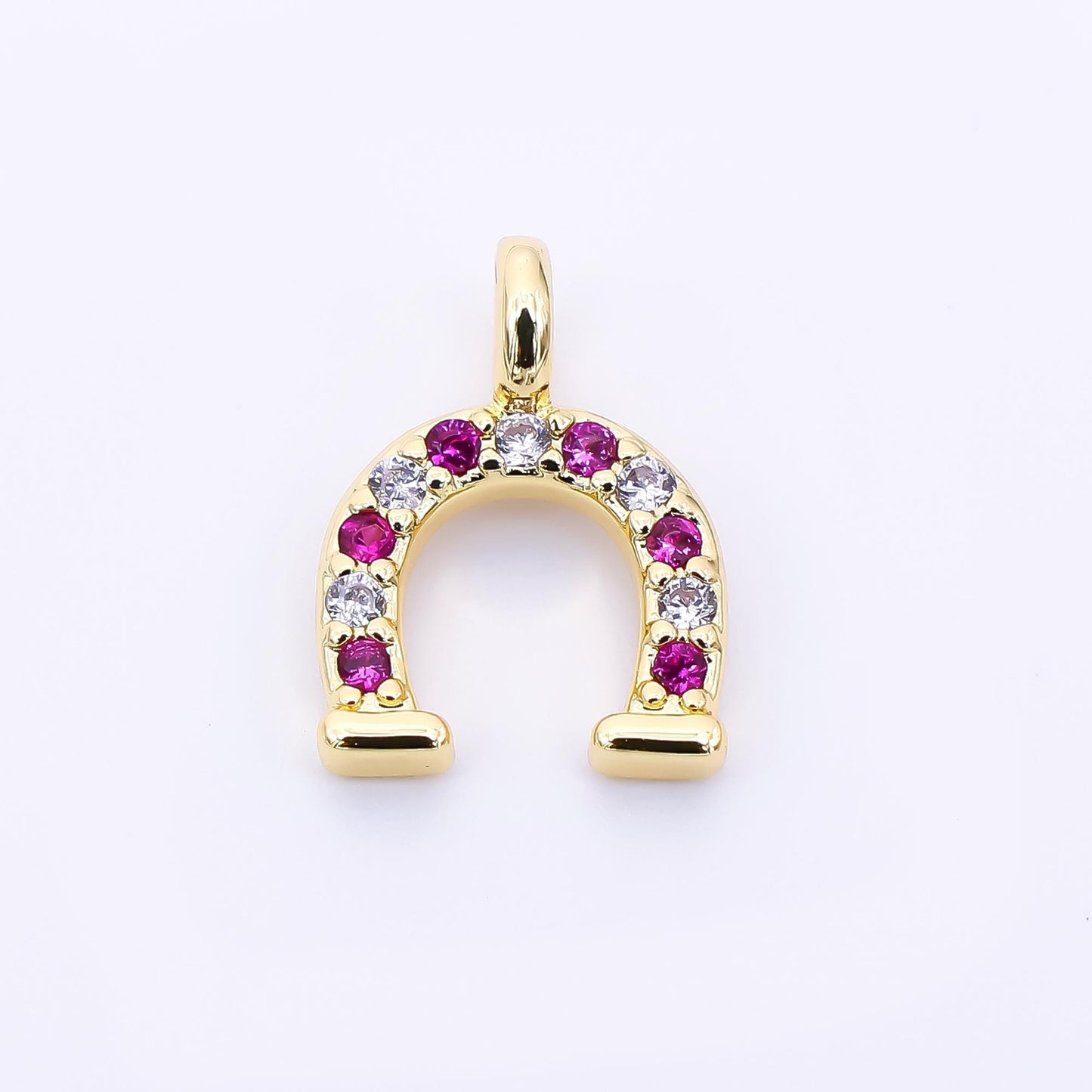 24K Gold Filled 29mm Micro Paved CZ Farm Horseshoe Animal Charm in Black, Pink, & Blue | AH-557 AH-558
