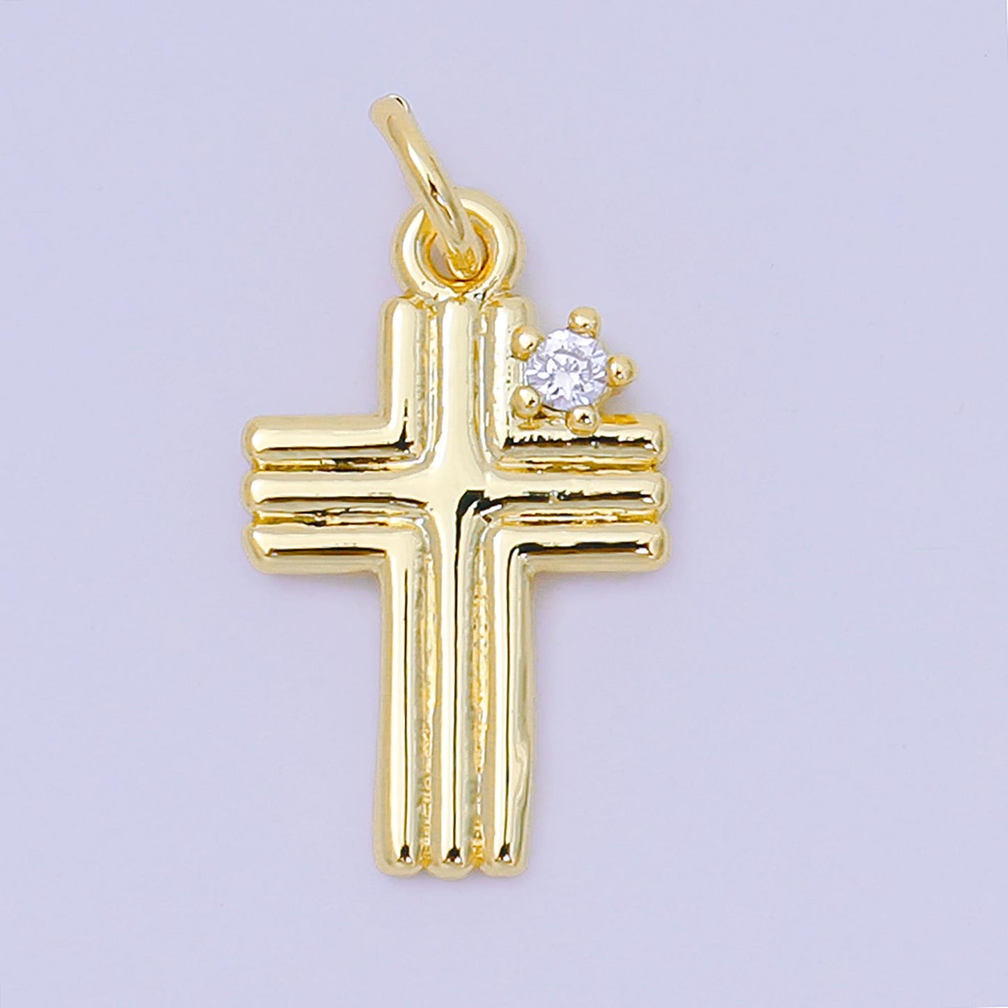 24K Gold Filled 17mm Round Clear CZ Groovy Holy Cross Christian Charm | AH-639