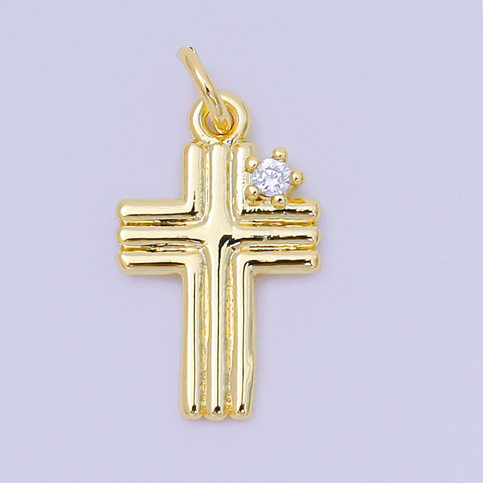 24K Gold Filled 17mm Round Clear CZ Groovy Holy Cross Christian Charm | AH-639