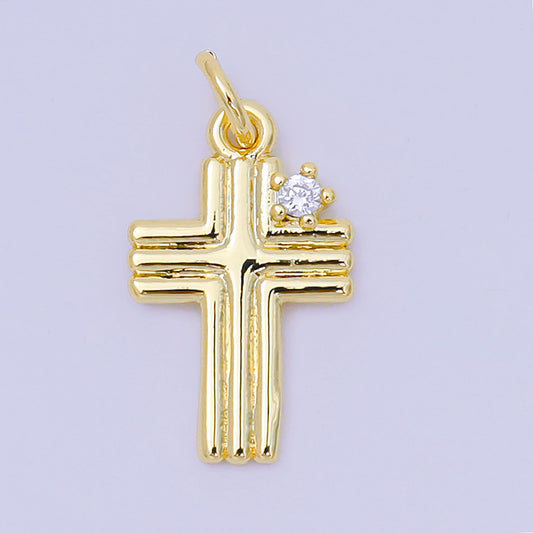 24K Gold Filled 17mm Round Clear CZ Groovy Holy Cross Christian Charm | AH-639