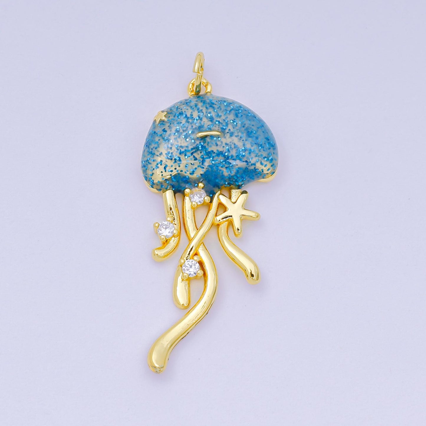 24K Gold Filled 35.5mm Enamel Art Blue Glittered Jellyfish Sea Animal Charm | AH-605