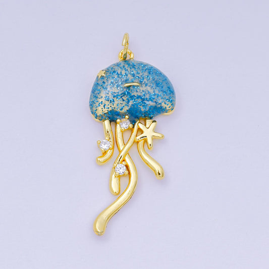 24K Gold Filled 35.5mm Enamel Art Blue Glittered Jellyfish Sea Animal Charm | AH-605