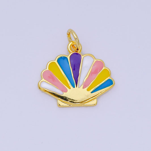 24K Gold Filled 14mm Colorful Enamel Art Rainbow Clam Shell Sea Animal Charm | AH-606
