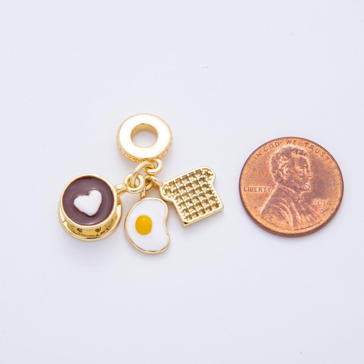 24k gold filled Breakfast charm Fried Egg, Coffee, Toast Foodie theme rondelle bail drop pendant bracelet | N-1415