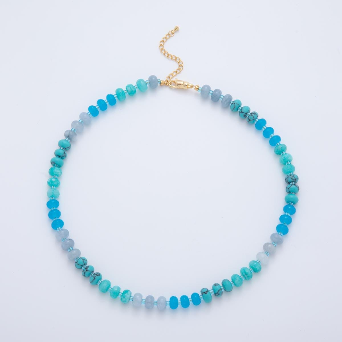 Handcrafted 8mm Blue Dyed Agate Beaded Necklaces Gradient Rondelle Beads with 18k Gold Filled Clasp Necklace 17.5" with 2" Extender WA-3307