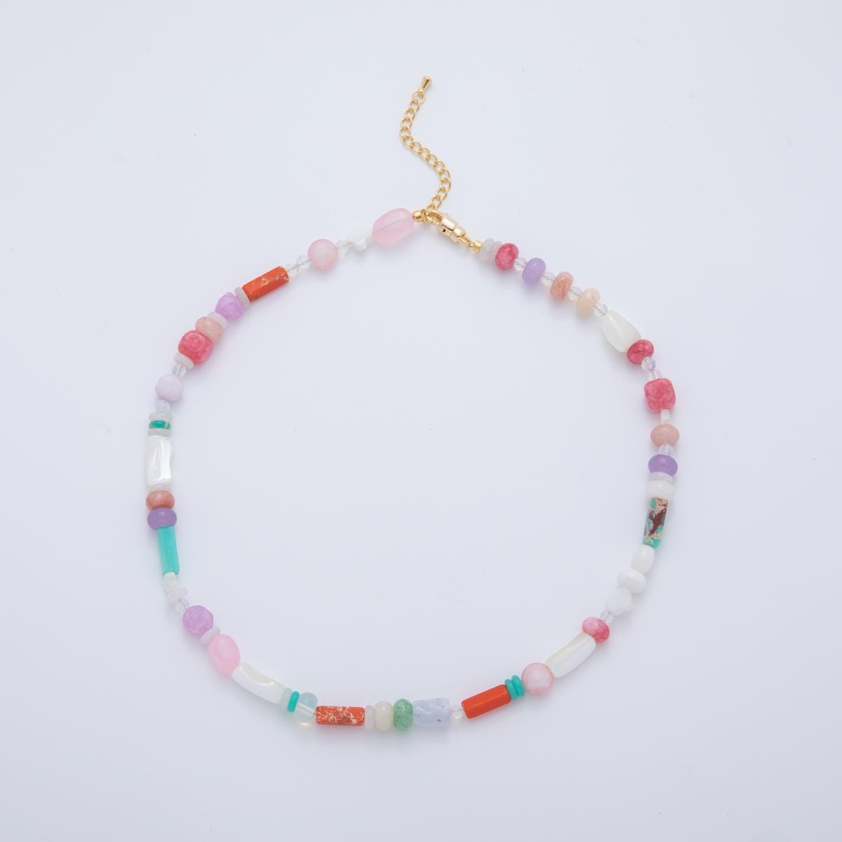 Rainbow Beaded Necklace, Knotted Gemstone Necklace, Mix Shape Colorful Candy Necklace, Pastel Rainbow Gemstone Rondelle Necklace WA-3310