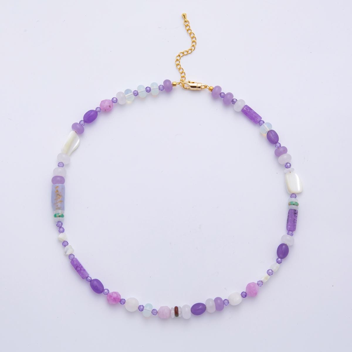 Lavender Purple Candy Opal Beaded Necklace Mix Shaped Rondelle Agate Beads Necklace Handmade Jewelry, Women's Necklace For Gift WA-3315