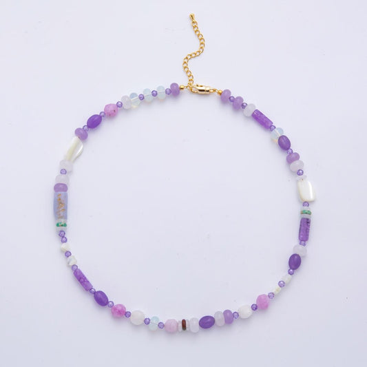Lavender Purple Candy Opal Beaded Necklace Mix Shaped Rondelle Agate Beads Necklace Handmade Jewelry, Women's Necklace For Gift WA-3315