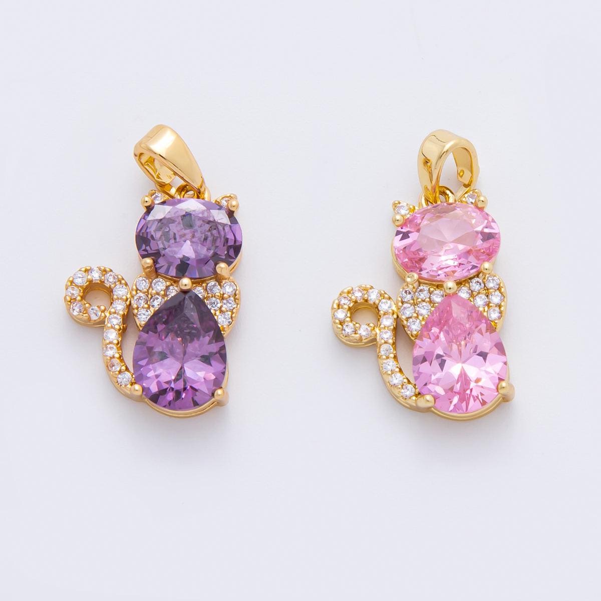 18k Gold Filled Cat Pendant Pink and Purple CZ Stone Charm Cute Animal Jewelry Supplies for DIY Necklace Making AF1122