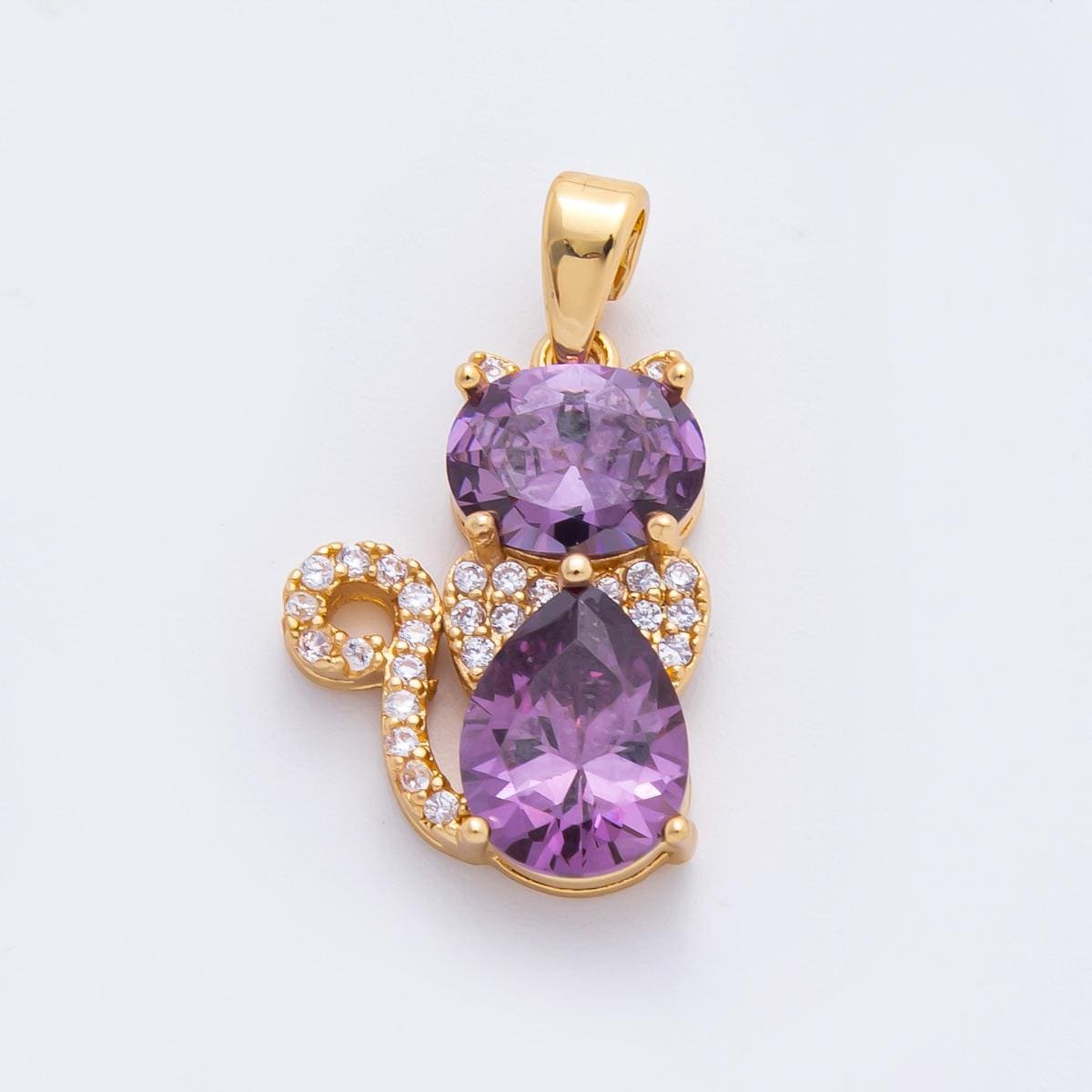 18k Gold Filled Cat Pendant Pink and Purple CZ Stone Charm Cute Animal Jewelry Supplies for DIY Necklace Making AF1122
