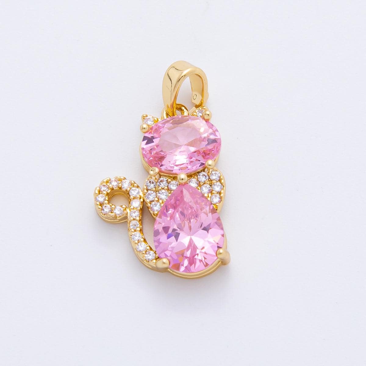 18k Gold Filled Cat Pendant Pink and Purple CZ Stone Charm Cute Animal Jewelry Supplies for DIY Necklace Making AF1122