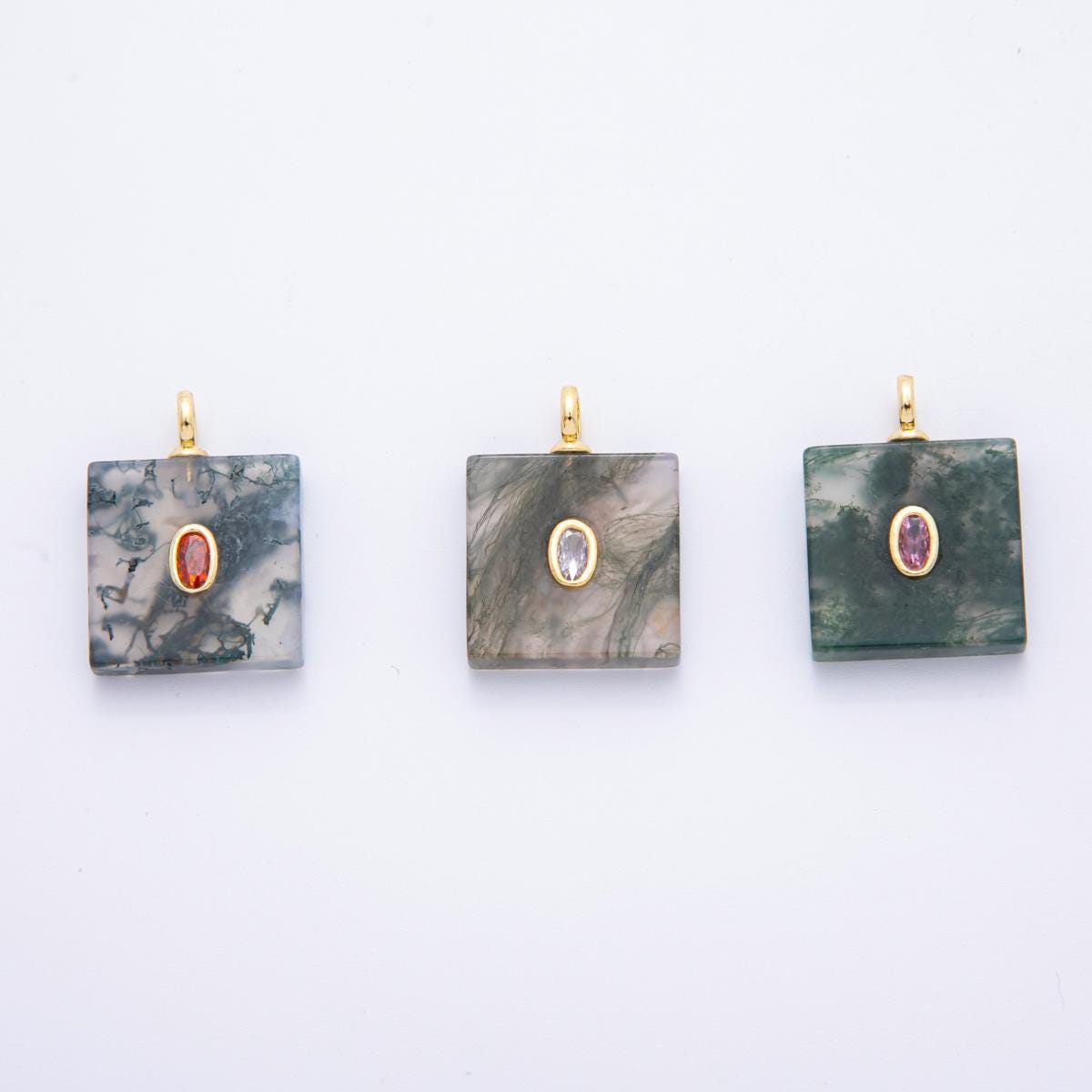 Square Tile Gemstone Charm For Making Necklace 18k Gold Filled Green Marble Aquatic Agate Charm for Necklace Pendant N-880