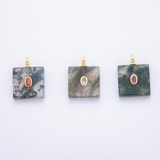 Square Tile Gemstone Charm For Making Necklace 18k Gold Filled Green Marble Aquatic Agate Charm for Necklace Pendant N-880