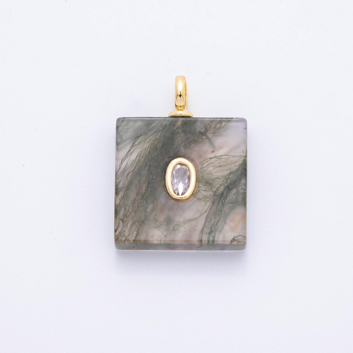 Square Tile Gemstone Charm For Making Necklace 18k Gold Filled Green Marble Aquatic Agate Charm for Necklace Pendant N-880