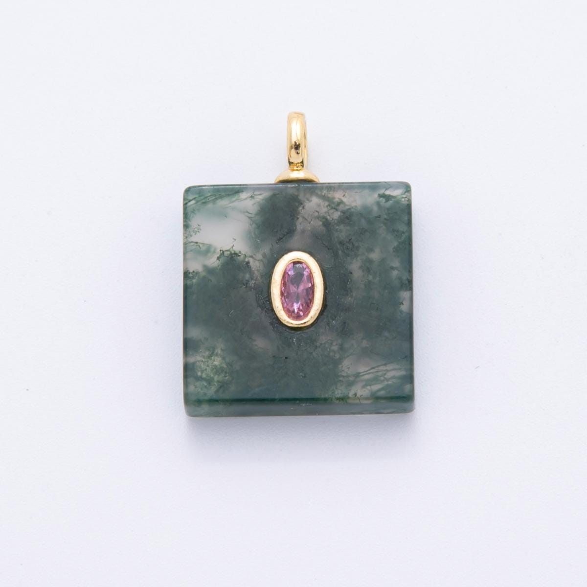 Square Tile Gemstone Charm For Making Necklace 18k Gold Filled Green Marble Aquatic Agate Charm for Necklace Pendant N-880