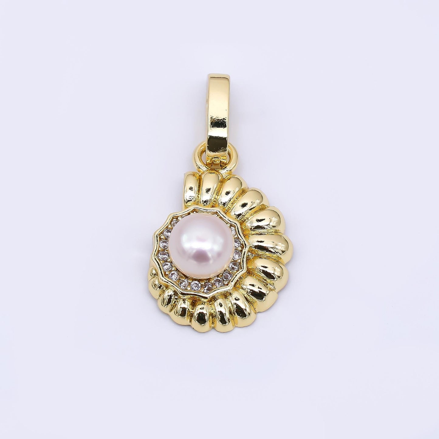24K Gold Filled 18mm Micro Paved CZ Shell Pearl Ammonite Sea Shell Pendant | AA-1601