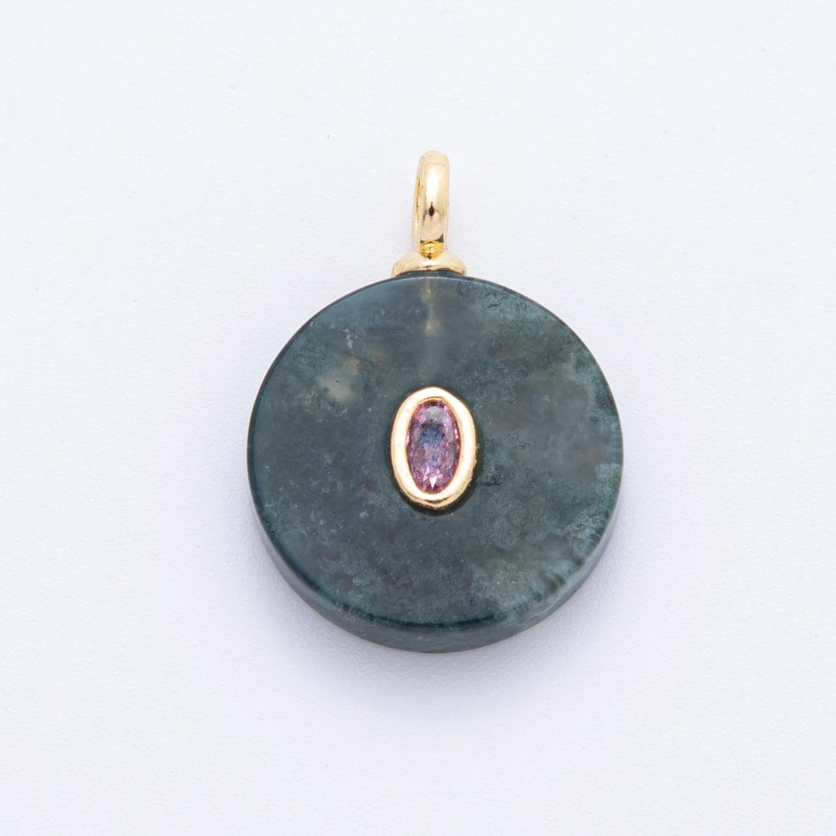 Round Coin Gemstone Charm For Jewelry Making Necklace 18k Gold Filled Green Marble Aquatic Agate Charm for Necklace Pendant N-996