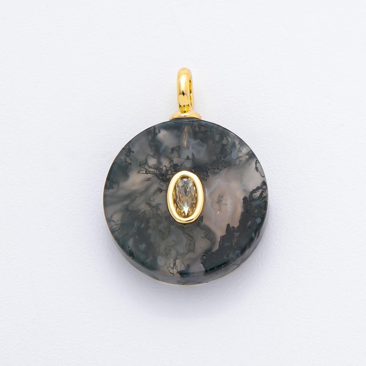 Round Coin Gemstone Charm For Jewelry Making Necklace 18k Gold Filled Green Marble Aquatic Agate Charm for Necklace Pendant N-996