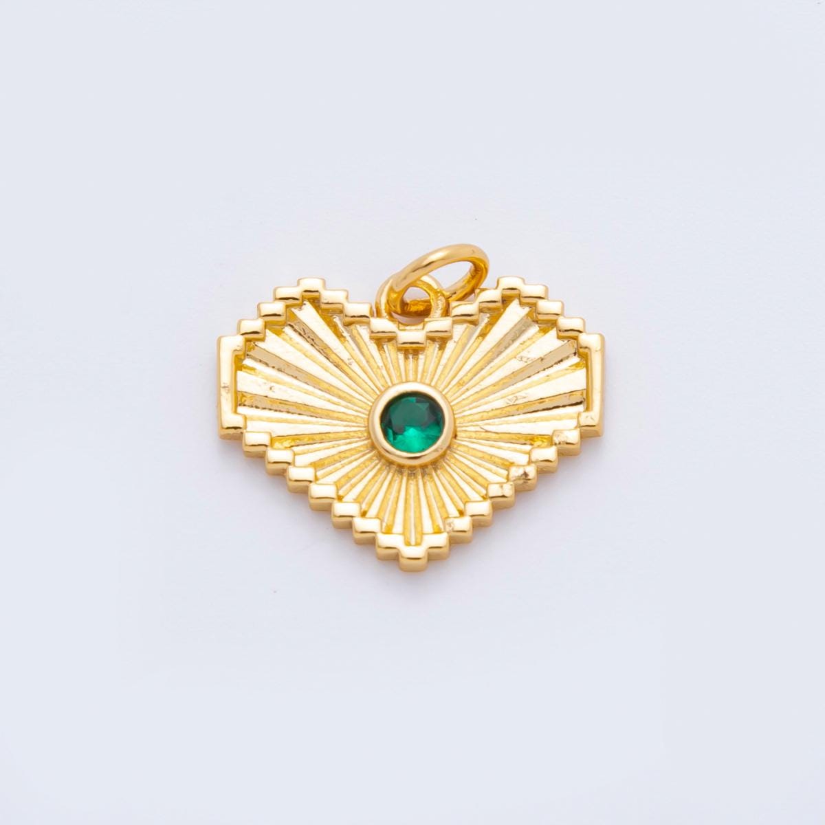 Gold Heart Pendant with Green CZ Mini Sunburst Charm, Art Deco Style Jewelry Making Supply for DIY Necklaces and Bracelets n-607