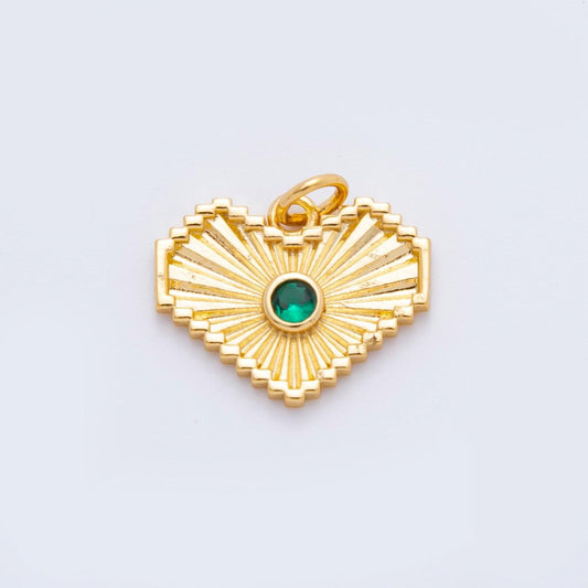 Gold Heart Pendant with Green CZ Mini Sunburst Charm, Art Deco Style Jewelry Making Supply for DIY Necklaces and Bracelets n-607
