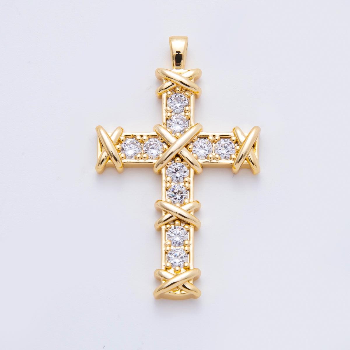 18k Gold Filled Cross Pendant with CZ Stone Charm Christian Catholic Religious Jewelry Supplies for DIY Necklace Making N-655
