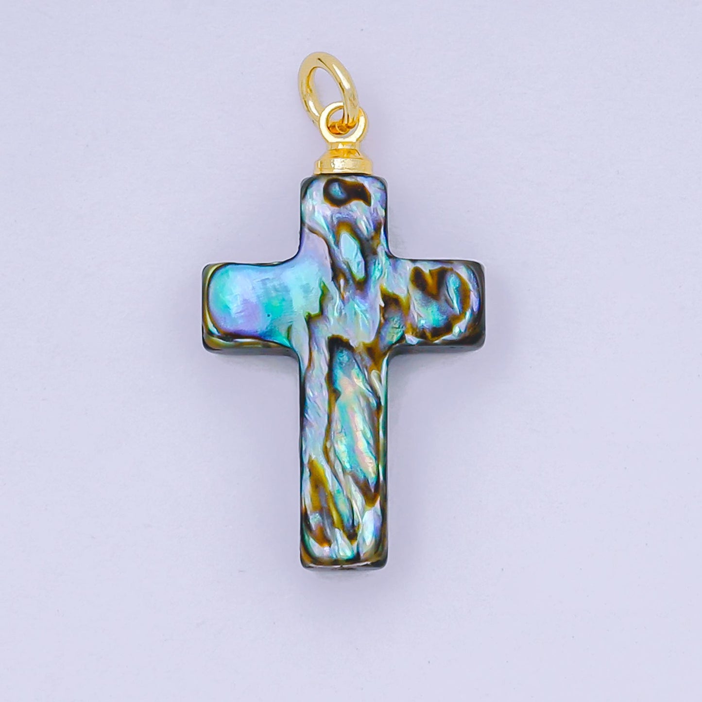24K Gold Filled 21mm Blue Abalone Religious Cross Pendant | P-1717