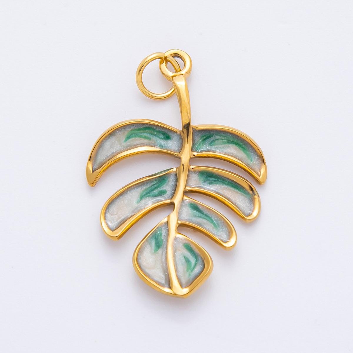 Dainty Green monstera plant leaf Charm 30mm PVD Gold nature charm | J-783
