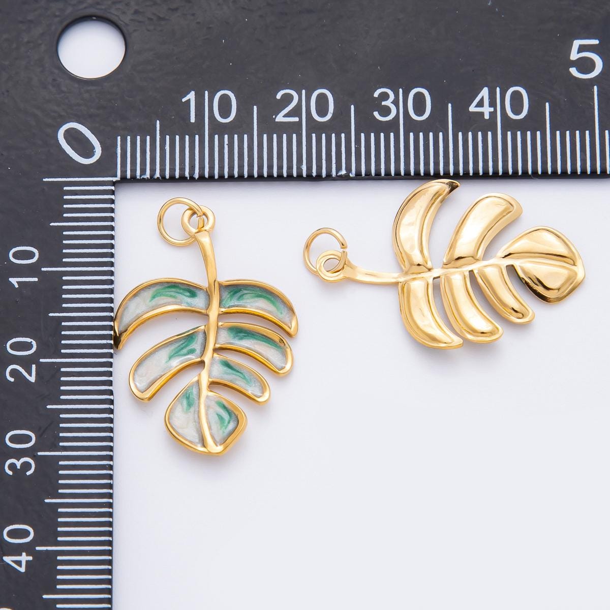 Dainty Green monstera plant leaf Charm 30mm PVD Gold nature charm | J-783
