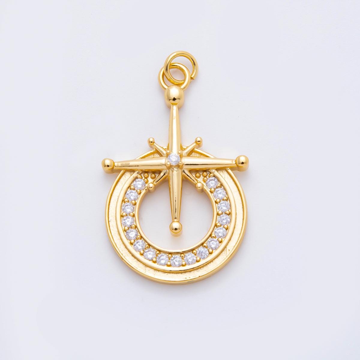 18k Gold Filled Gold North Star Pendant with CZ Crystals Celestial Circle Charm Jewelry Supply for DIY Necklace Making n-259