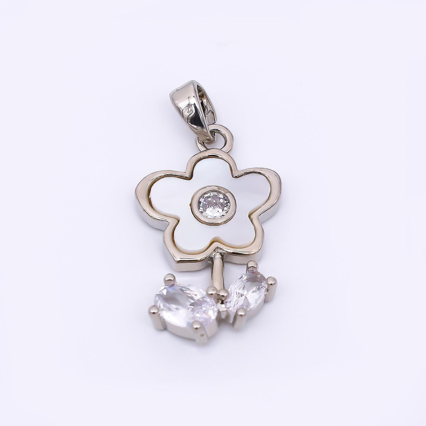 24K Gold Filled 21.5mm Oval Clear CZ Mother of Pearl Timeless Beauty Flower Pendant in Gold & Silver | AA-1571