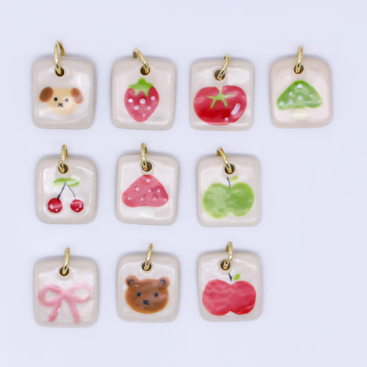 Dainty Tile ceramic charm handmade Dog Bear Bow Flower painting porcelain vintage charm for necklace bracelet jewelry making supply N-386