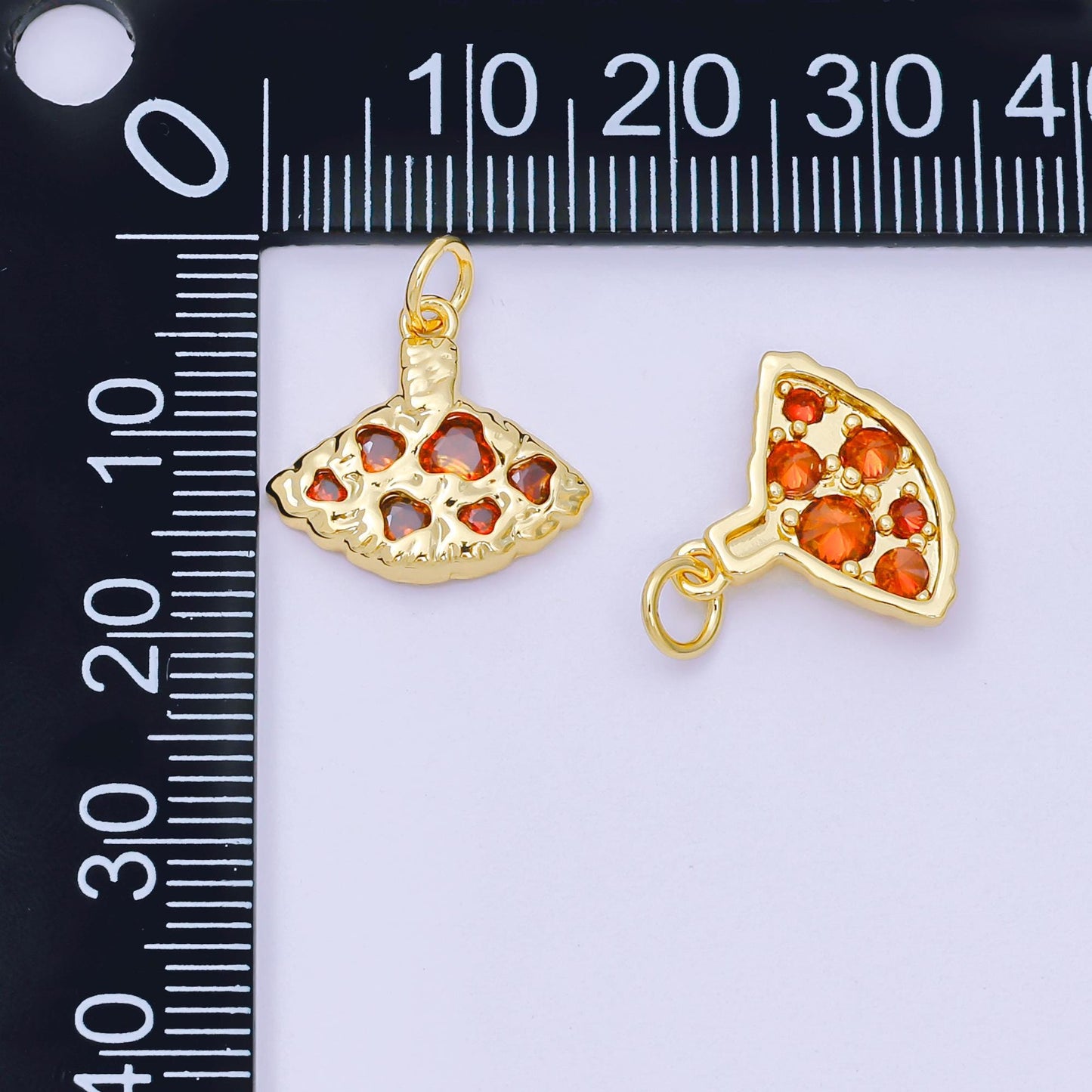 24K Gold Filled 14mm Red CZ Pizza Slice Scallop Hammered Geometric Charm | AH-679