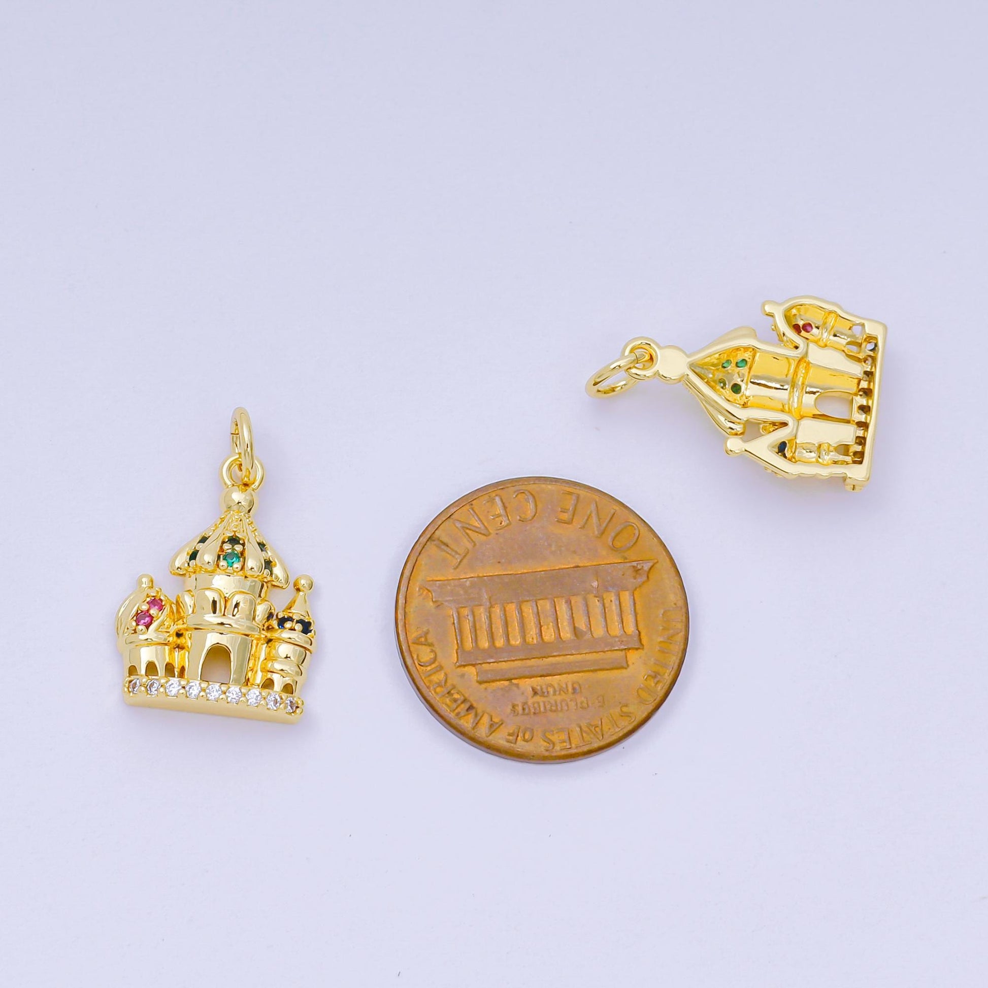 24K Gold Filled 17mm Pink, Green, & Blue Multicolor CZ Luxe Dreamy Castle House Charm | AH-680