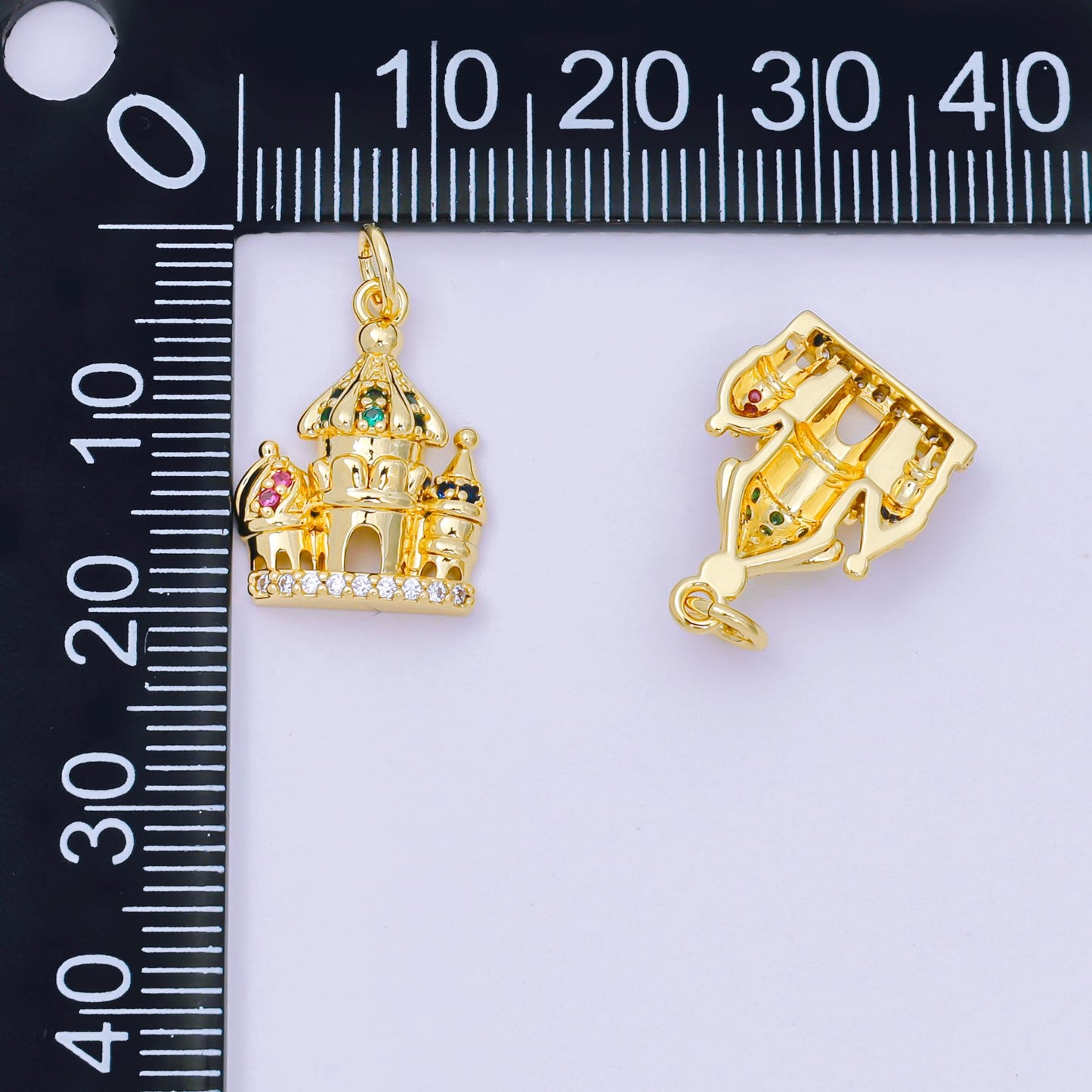 24K Gold Filled 17mm Pink, Green, & Blue Multicolor CZ Luxe Dreamy Castle House Charm | AH-680