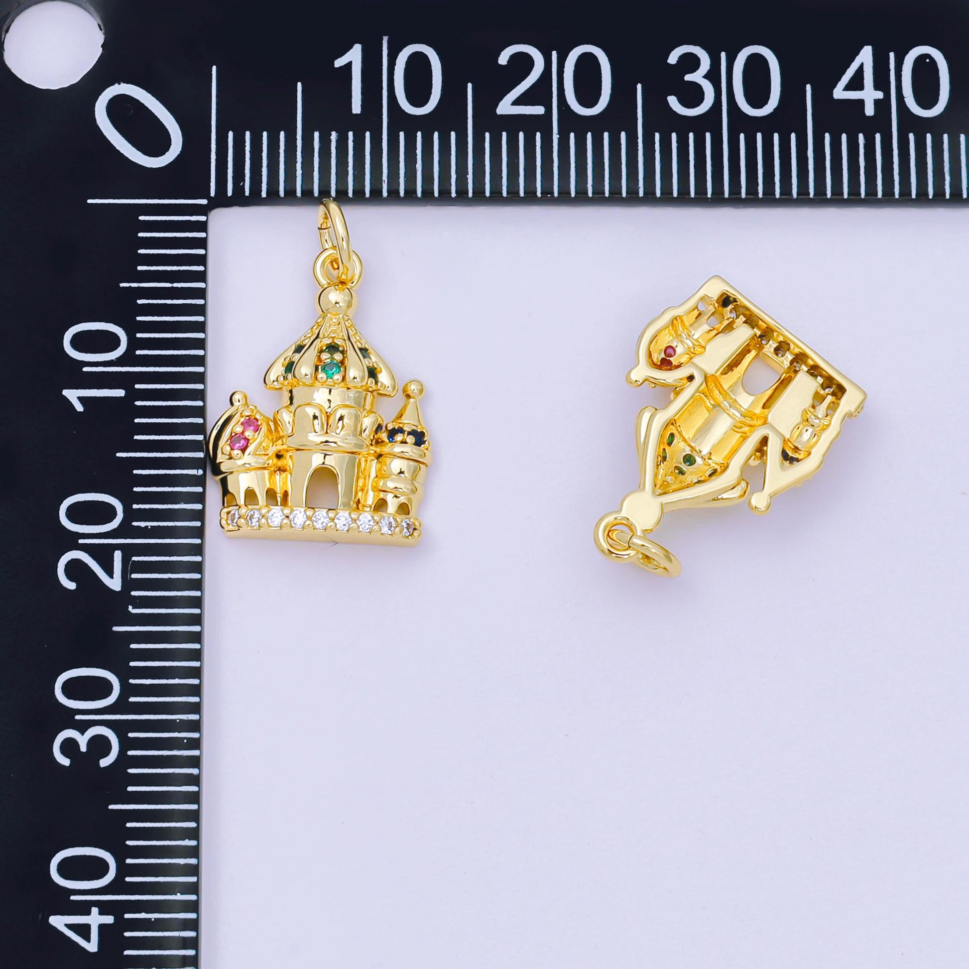 24K Gold Filled 17mm Pink, Green, & Blue Multicolor CZ Luxe Dreamy Castle House Charm | AH-680