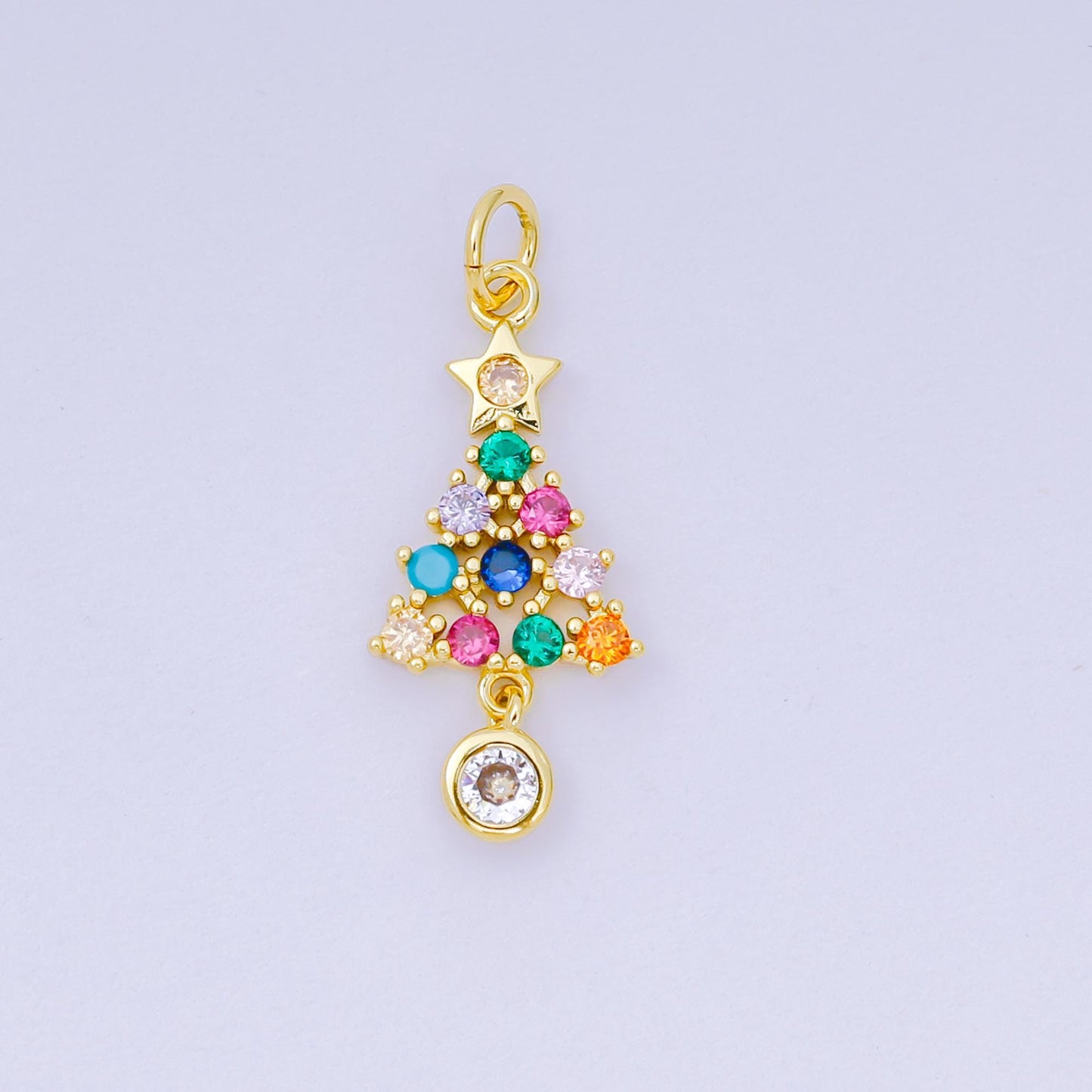 24K Gold Filled 18mm Multicolor Micro Paved CZ Colorful Christmas Tree & Star Charm | D-100