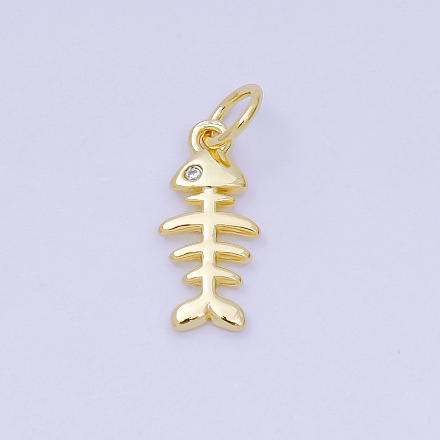24K Gold Filled 14mm Round CZ Fishbone Minimalist Charm | D-102