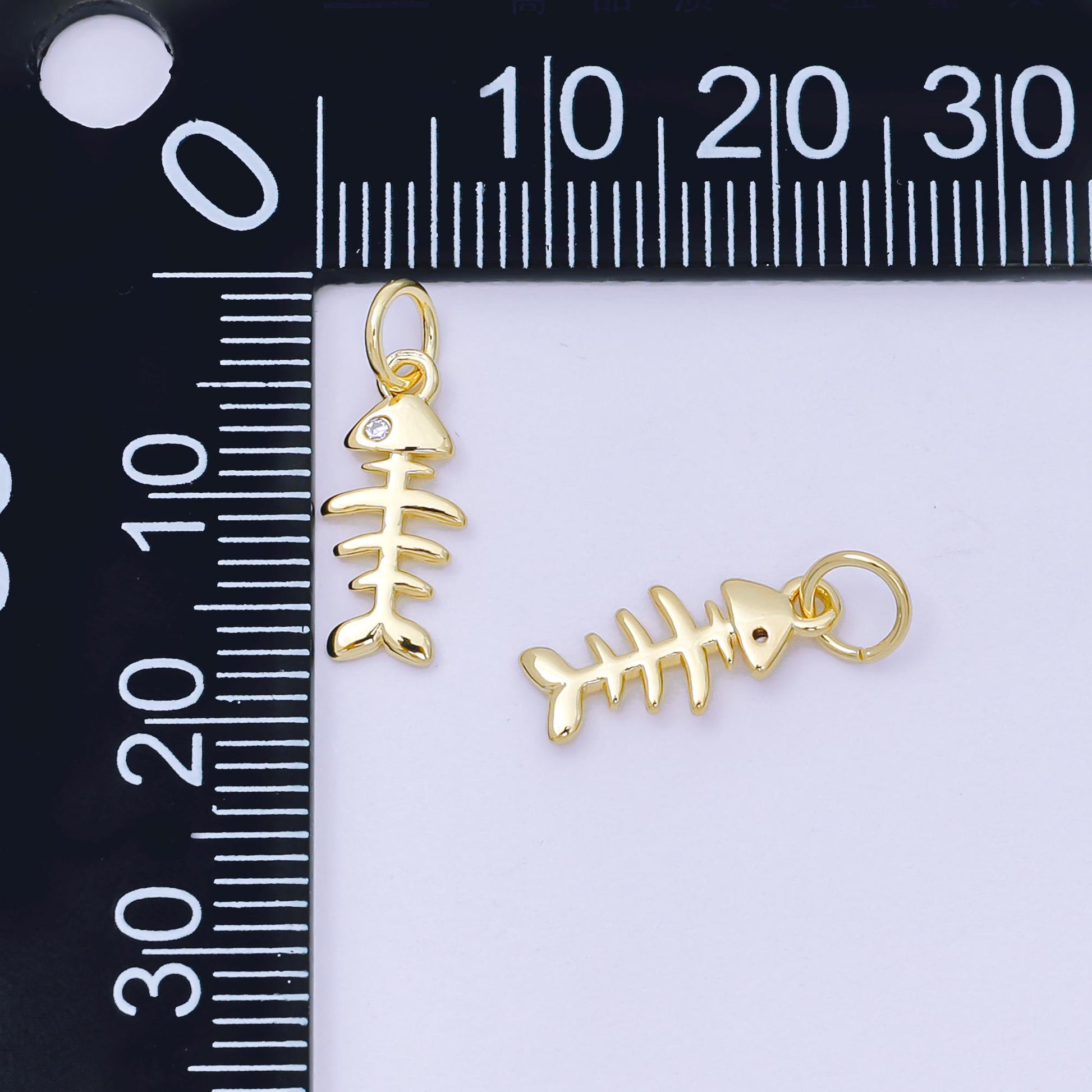 24K Gold Filled 14mm Round CZ Fishbone Minimalist Charm | D-102