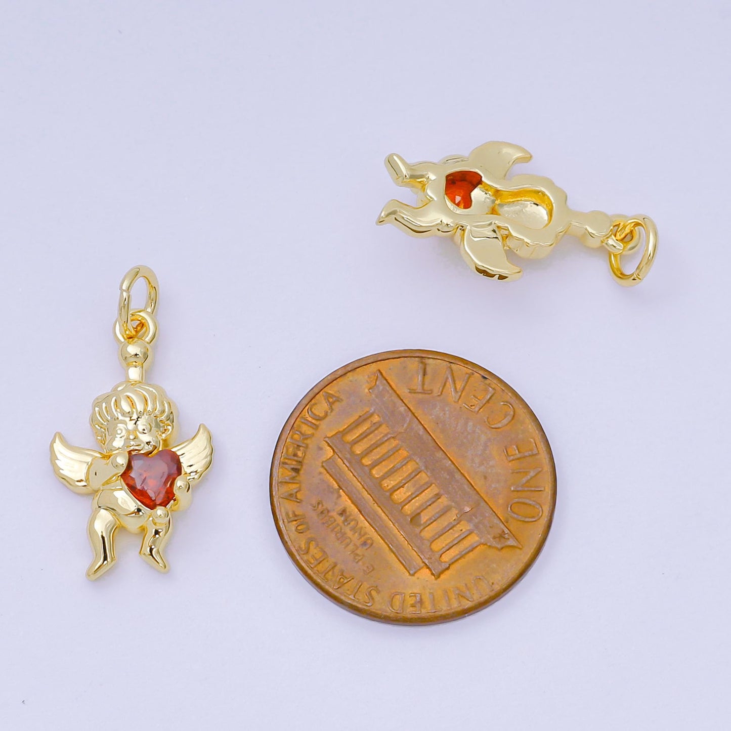 24K Gold Filled 19mm Red Heart-Shaped CZ Baby Cupid Angel with Love Charm | D-156
