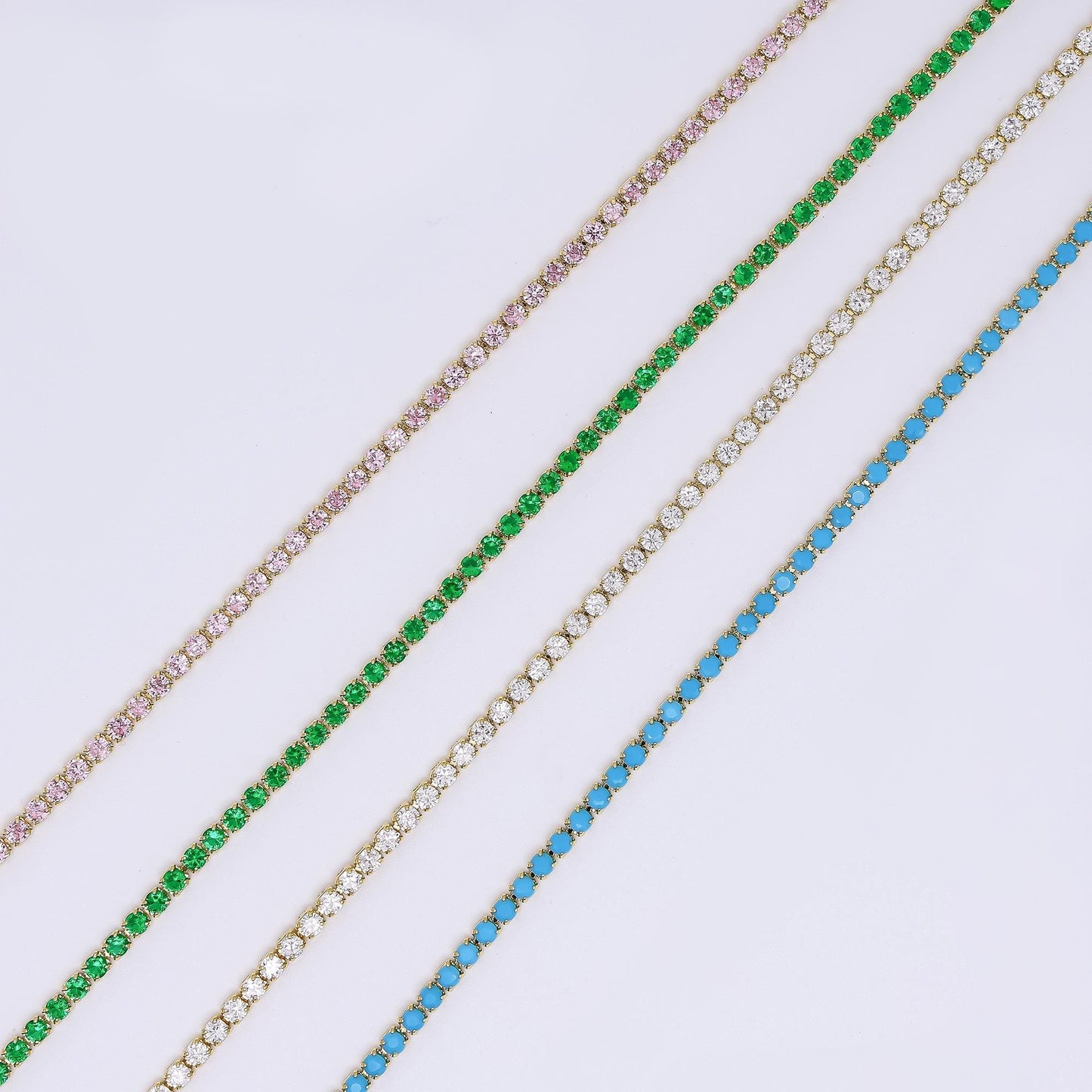 24K Gold Filled 2mm Green, Pink, Turquoise, Clear CZ Tennis Chain 17.91 Inch Necklace | WA-3804 - WA-3807
