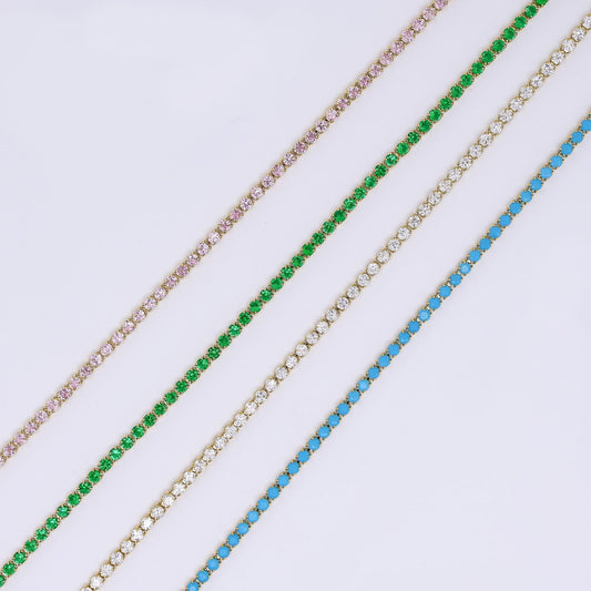 24K Gold Filled 2mm Green, Pink, Turquoise, Clear CZ Tennis Chain 17.91 Inch Necklace | WA-3804 - WA-3807
