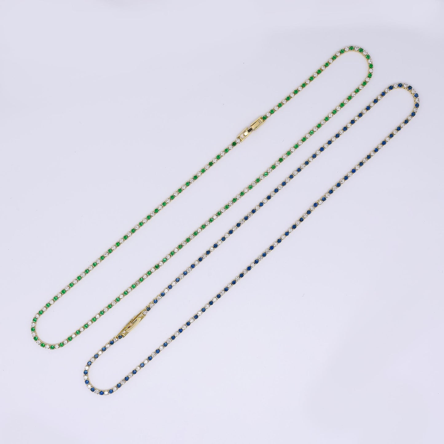 24K Gold Filled Green, Blue Clear 2mm Alternate Tennis Chain 18 Inch Necklace | WA-3802 WA-3803