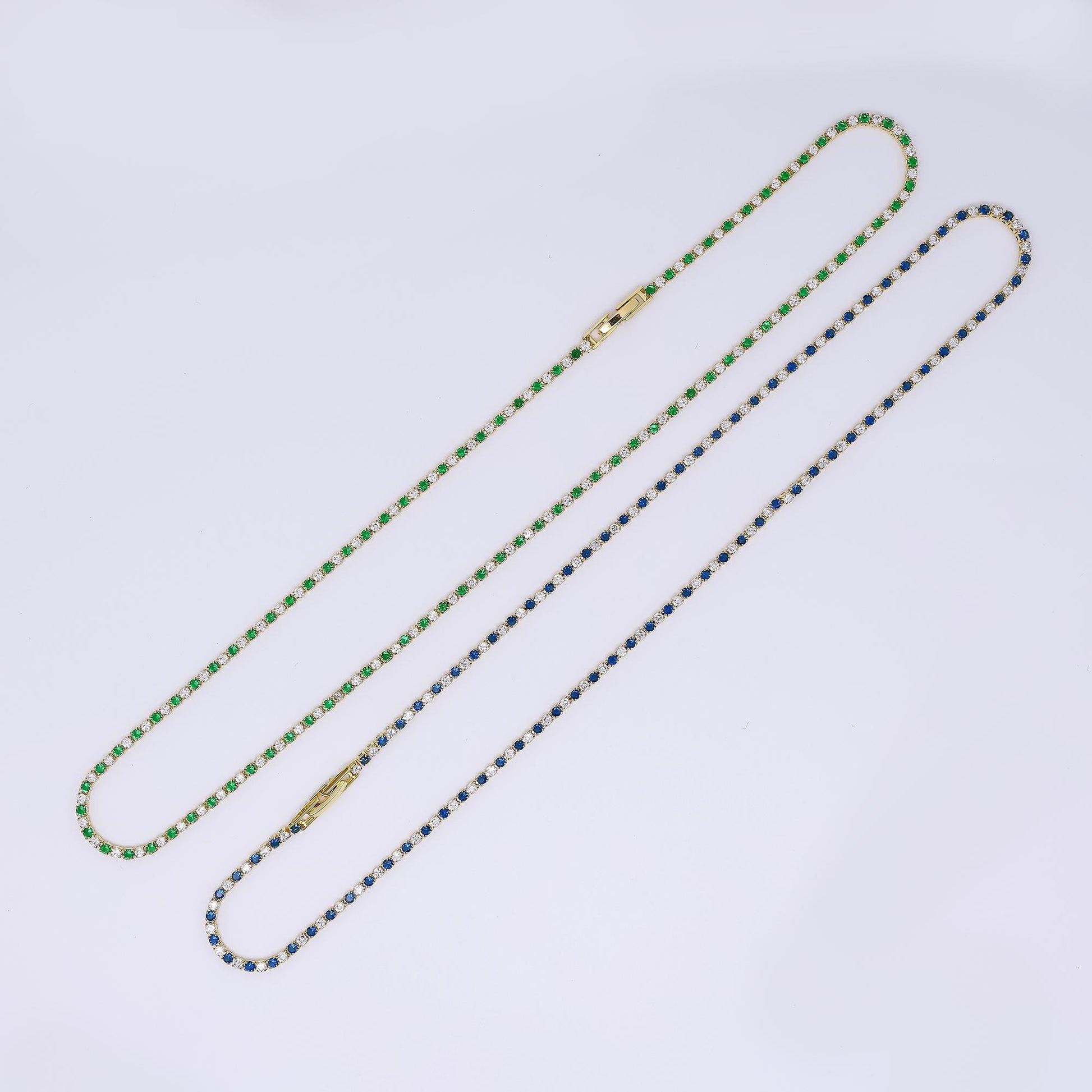 24K Gold Filled Green, Blue Clear 2mm Alternate Tennis Chain 18 Inch Necklace | WA-3802 WA-3803