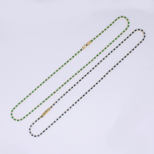 24K Gold Filled Green, Blue Clear 2mm Alternate Tennis Chain 18 Inch Necklace | WA-3802 WA-3803